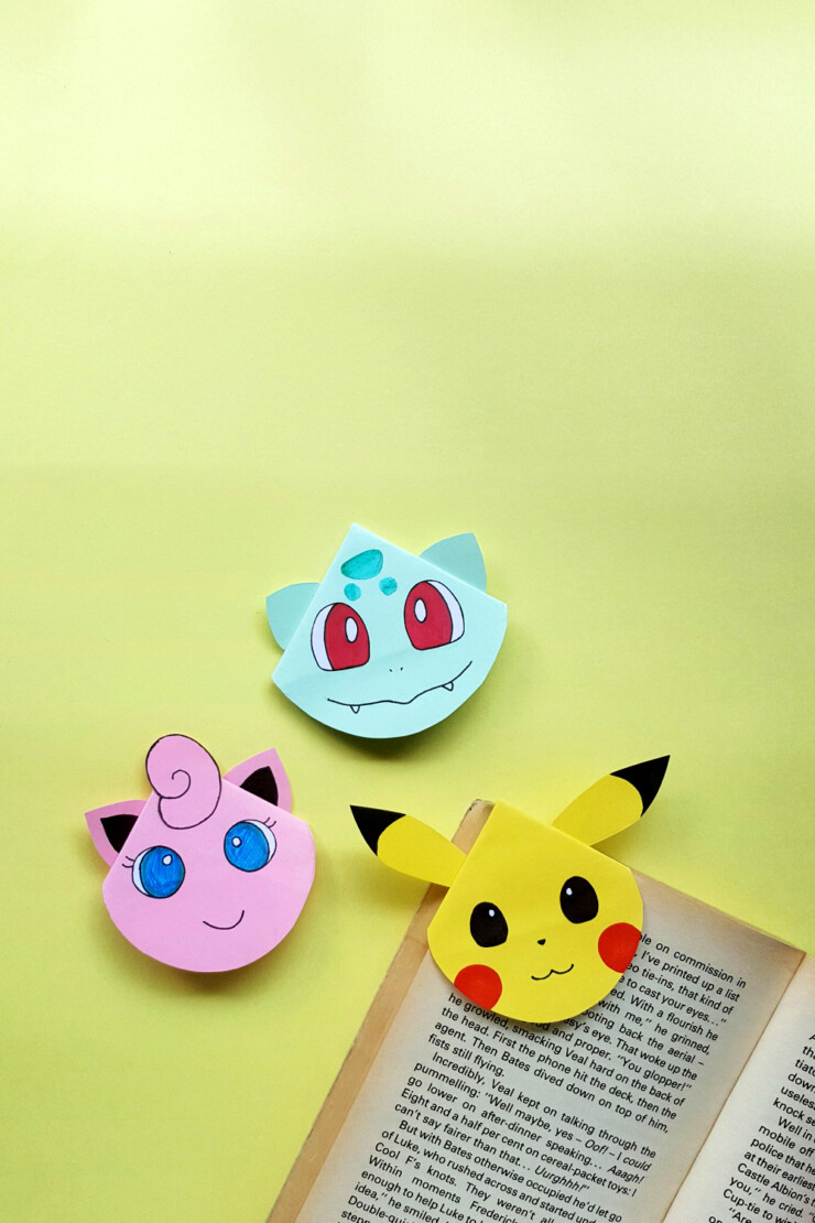  These adorable Pokemon Corner Bookmarks are a great summer Pokemon craft for any Pokémon fan! This corner bookmark tutorial will allow your kids to make 5 Pokemon Corner Bookmarks. They will be able to create Pikachu, Jigglypuff, Bulbasaur, Evee, and Charmander bookmarks. Gotta catch em all!