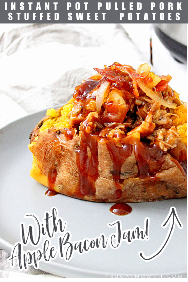 This Instant Pot Pulled Pork Stuffed Sweet Potatoes with Apple Bacon Jam features soft and creamy sweet potatoes cooked to perfection in the instant pot topped with pulled pork, onions, bbq sauce and an incredible apple bacon jam.