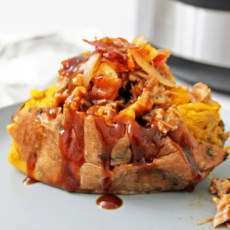 Instant Pot Pulled Pork Stuffed Sweet Potatoes with Apple Bacon Jam