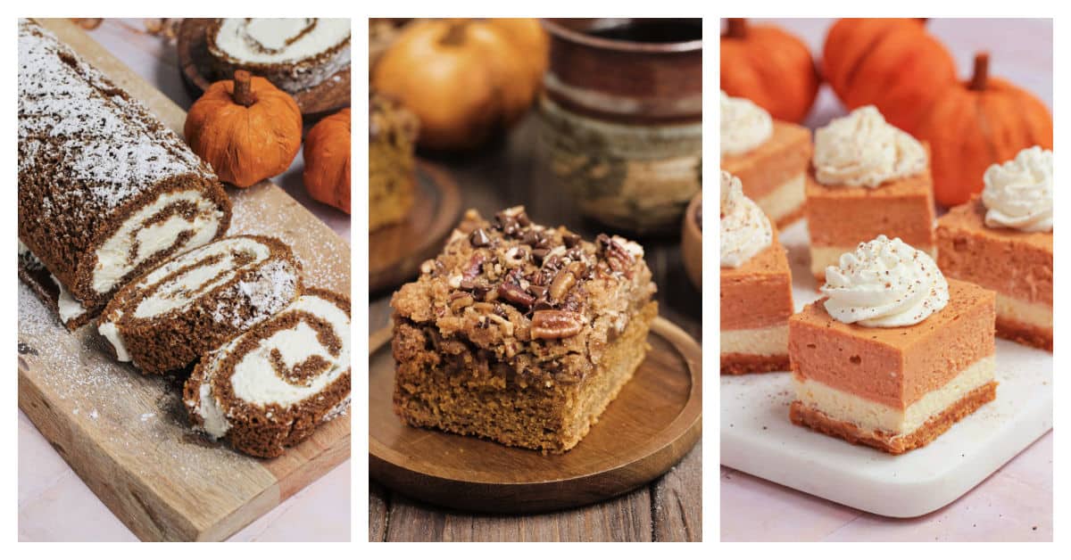 Featured pumpkin recipes including pumpkin cake roll, pumpkin-pecan crumb cake, and pumpkin cheesecake bars.