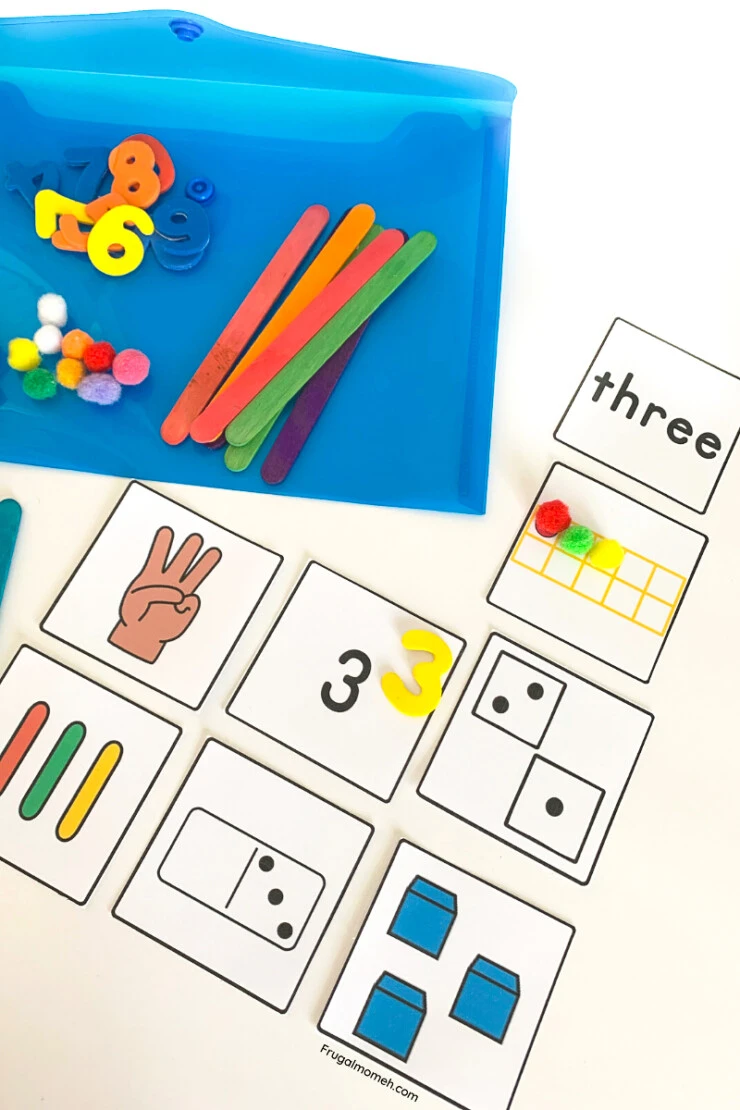    Make this fun number sense busy bag for your preschool or kindergarten aged kids to help them practice counting and numbers! Great for quiet time or centres! Free printable number cards are included in the tutorial!