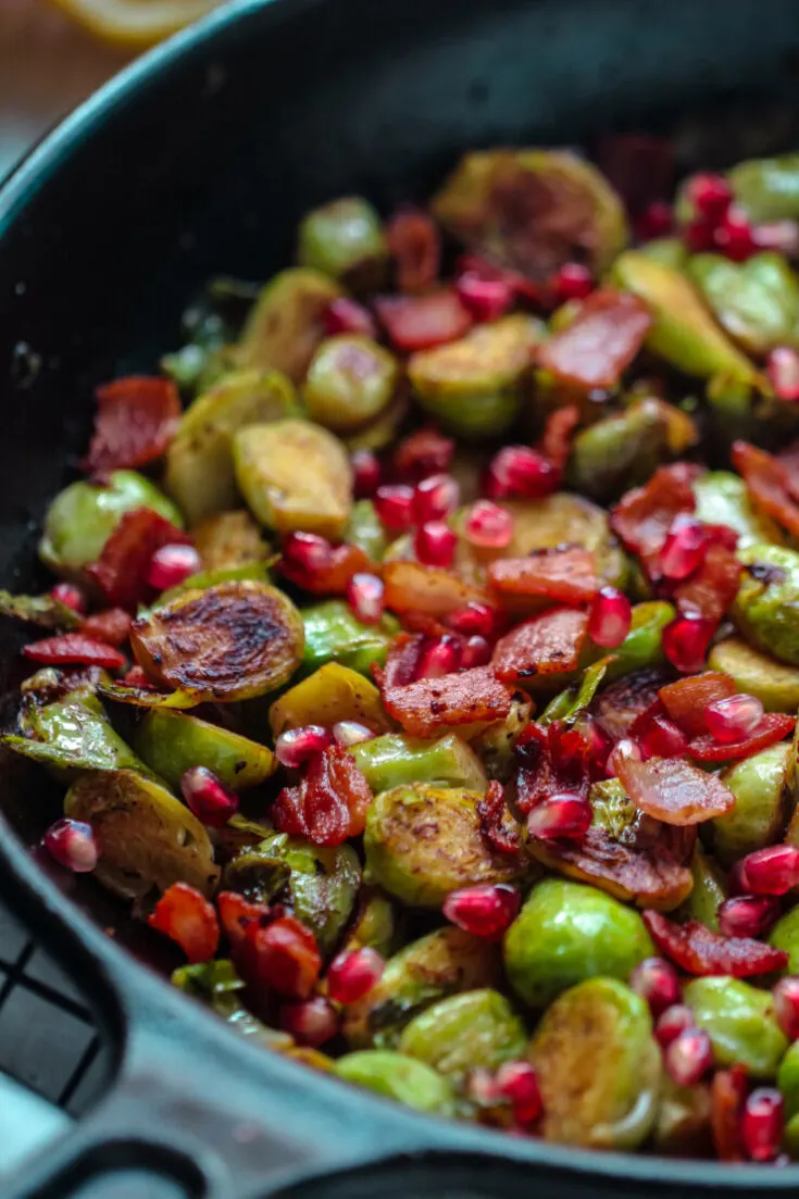 Pan Roasted Brussels Sprouts with Bacon & Pomegranate