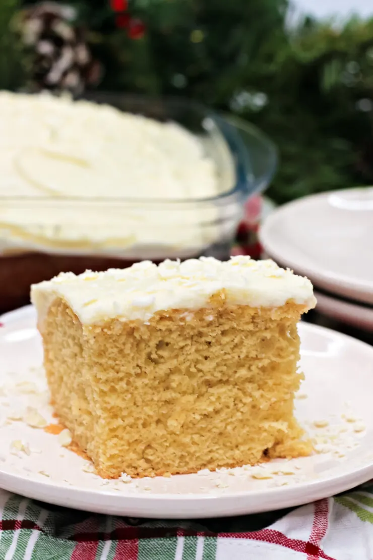 What could be more festive this holiday season than this lightly spiced Eggnog Sheet Cake smothered in eggnog cream cheese frosting.