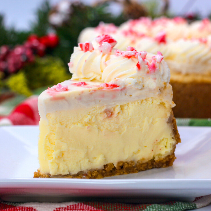 This peppermint white chocolate cheesecake gets topped with crushed candy canes and a sour cream topping to create a showstopping dessert.
