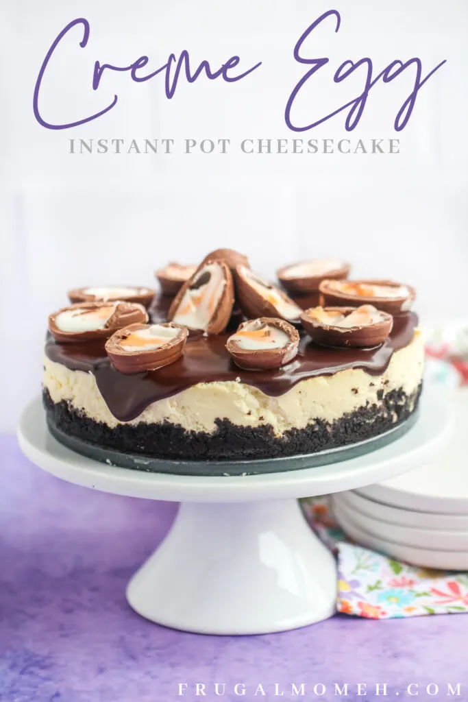 This Instant Pot Creme Egg Cheesecake is an easy Easter dessert; rich vanilla cheesecake smothered in chocolate ganache & SO MANY CREME EGGS!