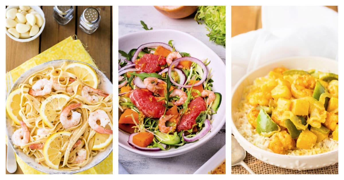 Featured shrimp recipes including garlic lemon pasta with roasted shrimp, grapefruit and shrimp salad, and curry shrimp with pineapple.