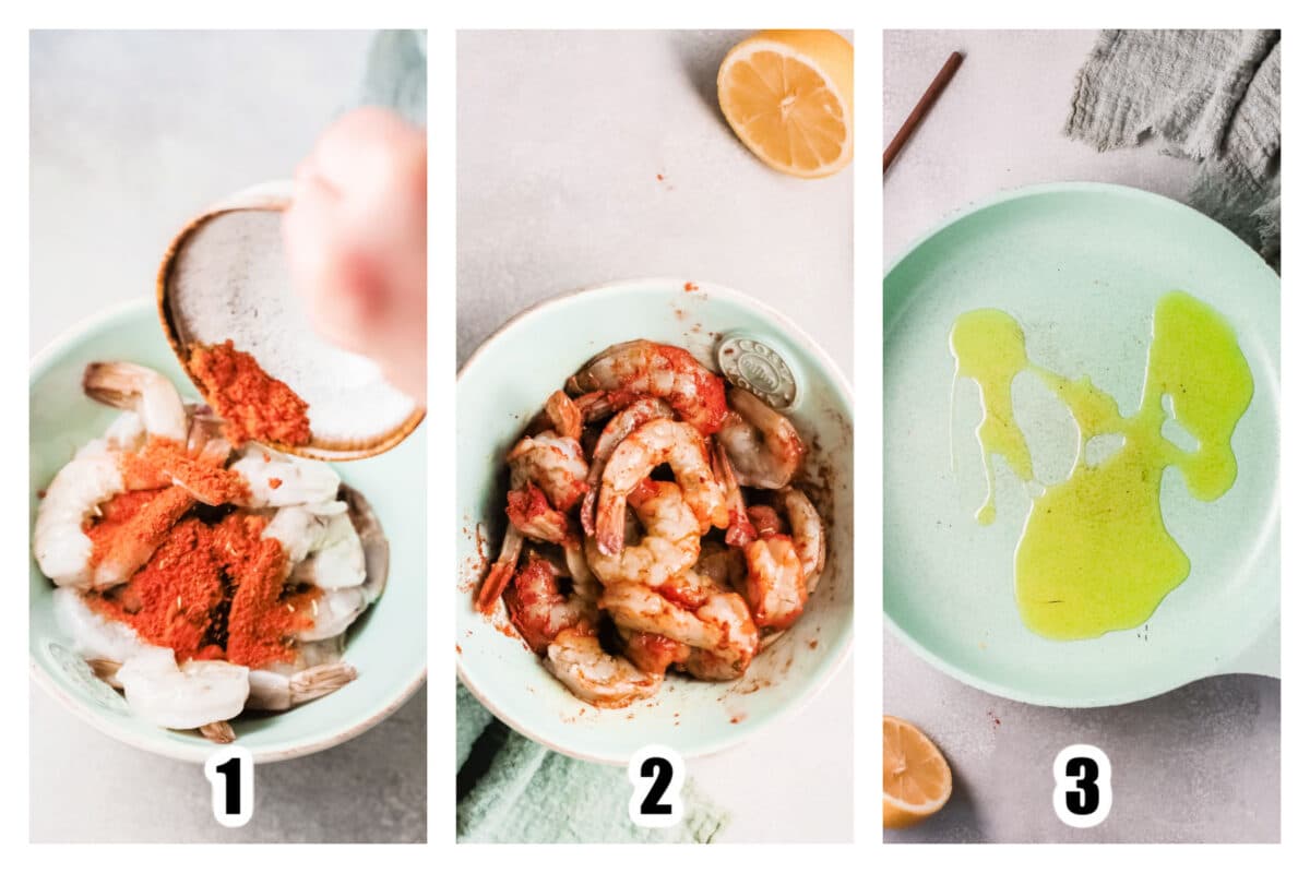Shrimp and seasoning added to a bowl and combined. Pan heated and oil added.