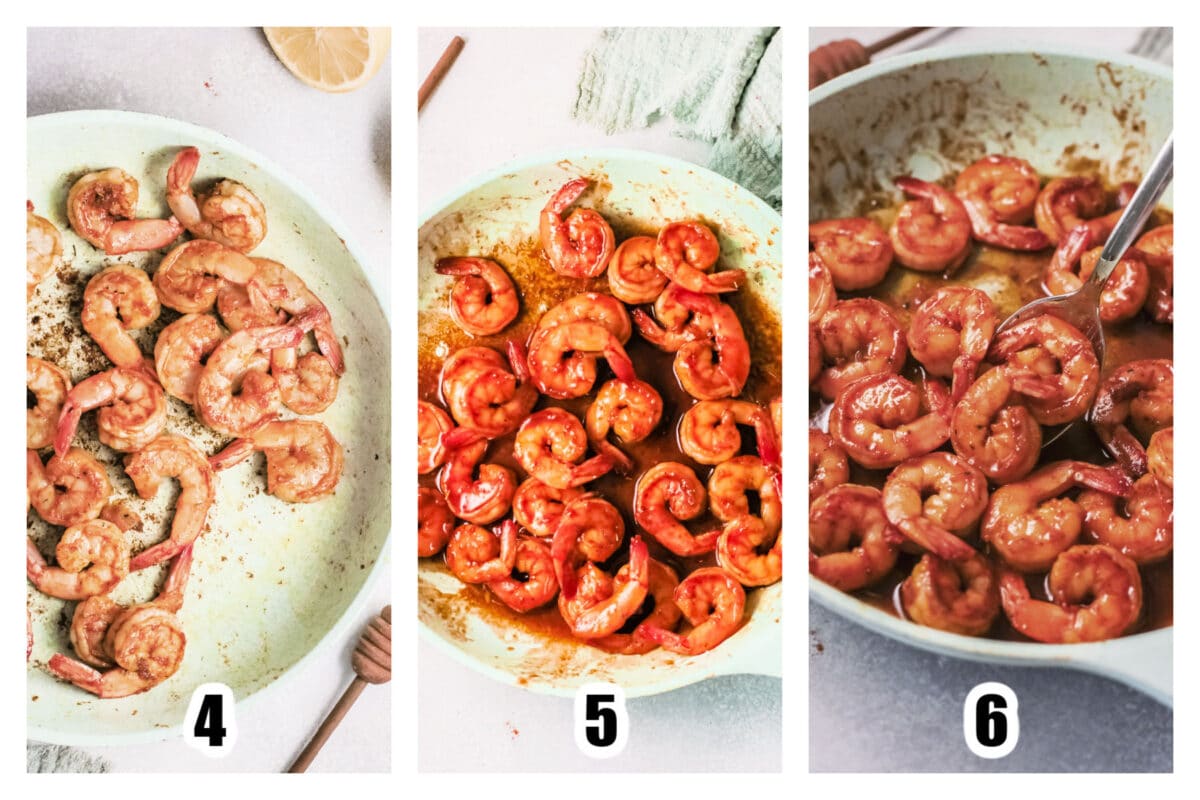 Shrimp cooked in a skillet, then butter and honey added and cooked then finished up with lemon juice.