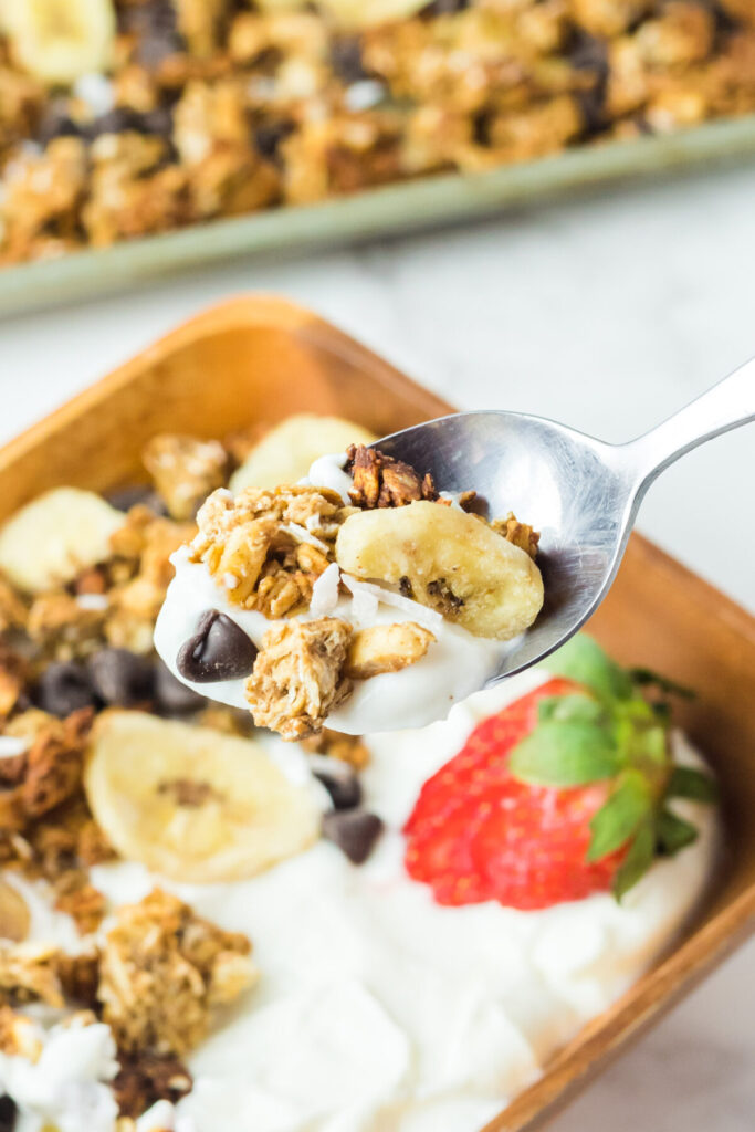 Chunky Monkey Granola is made with banana, chocolate and peanut butter for a delicious and easy homemade granola! 