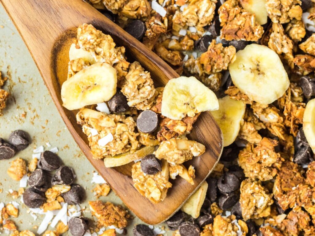 Chunky Monkey Granola is made with banana, chocolate and peanut butter for a delicious and easy homemade granola! 