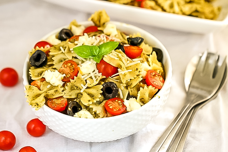 This Pesto Pasta Salad Recipe features bow tie pasta and fresh ingredients for a summer salad or side dish that is full of flavour!