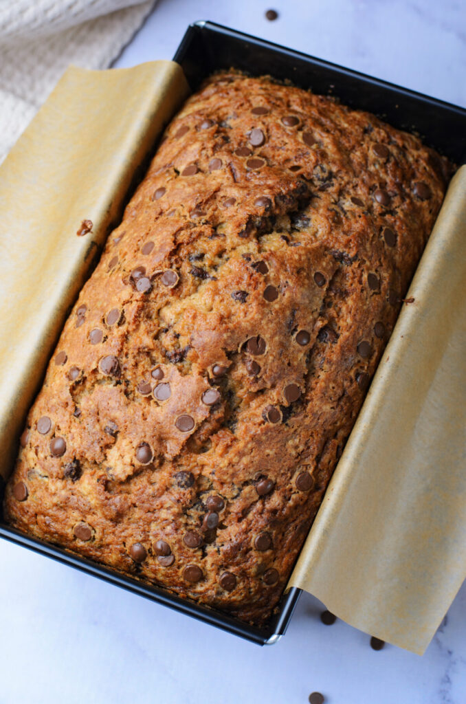 Chocolate Chip Zucchini Bread in a loaf pan.