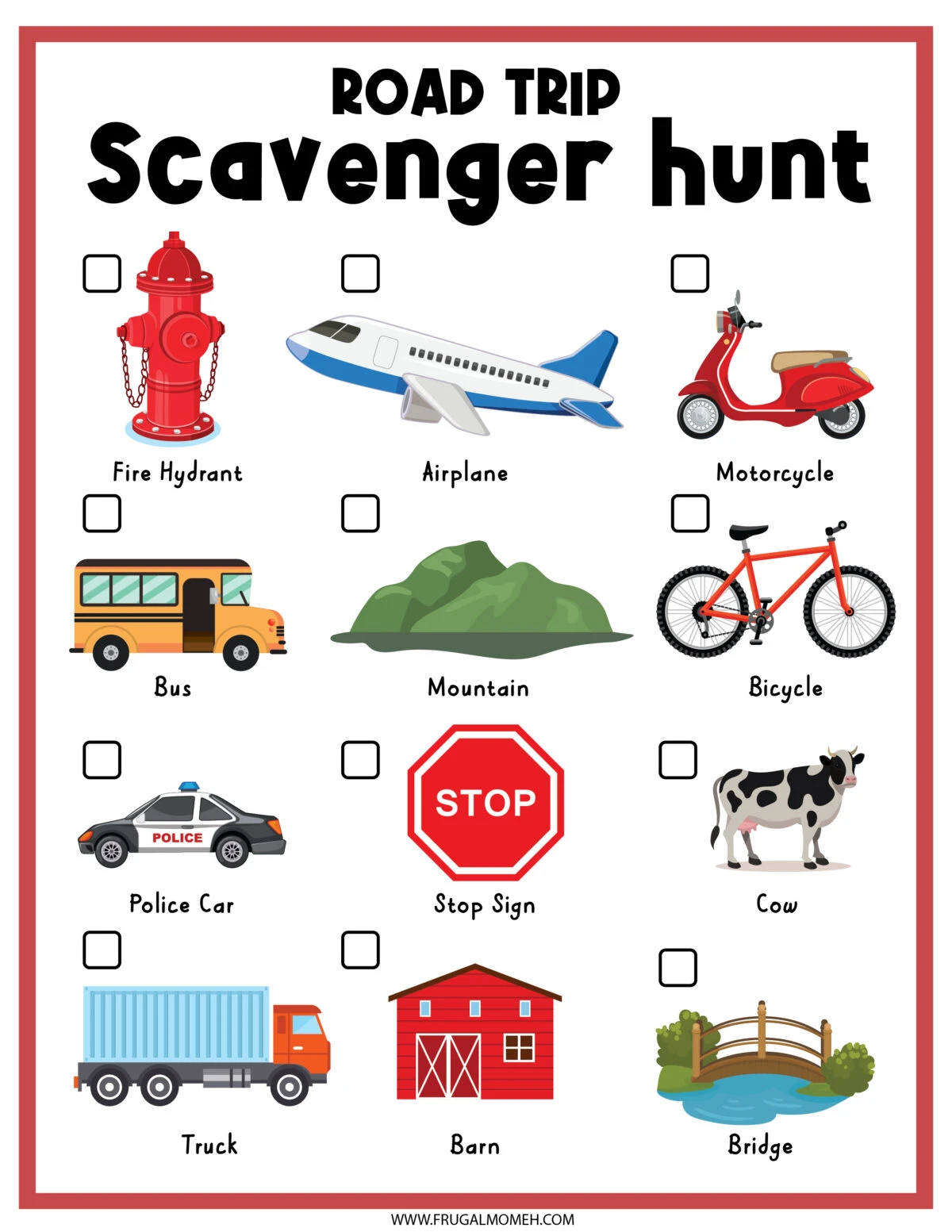 Road Trip Scavenger Hunt Printable Sheet