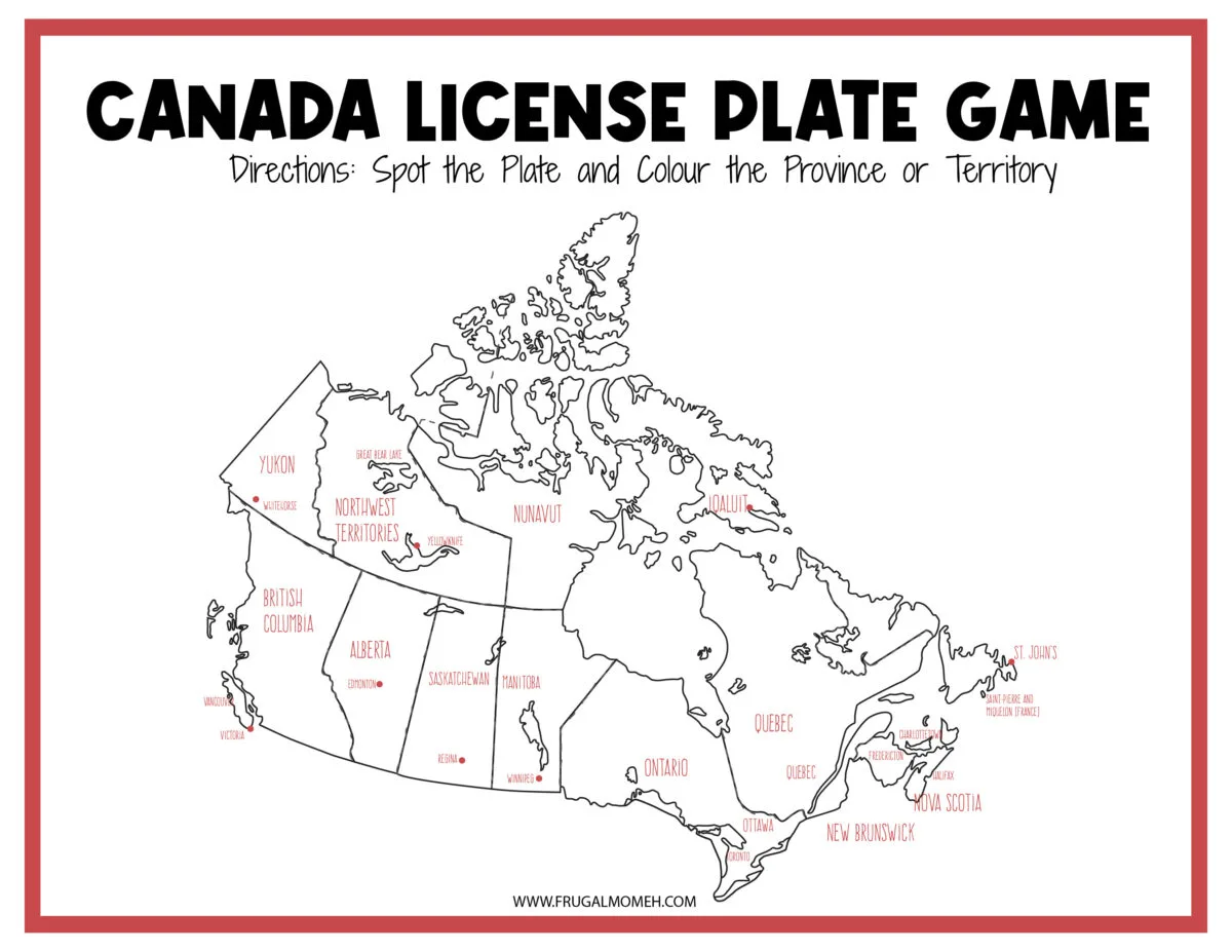 Canadian License Plate Game Printable Sheet