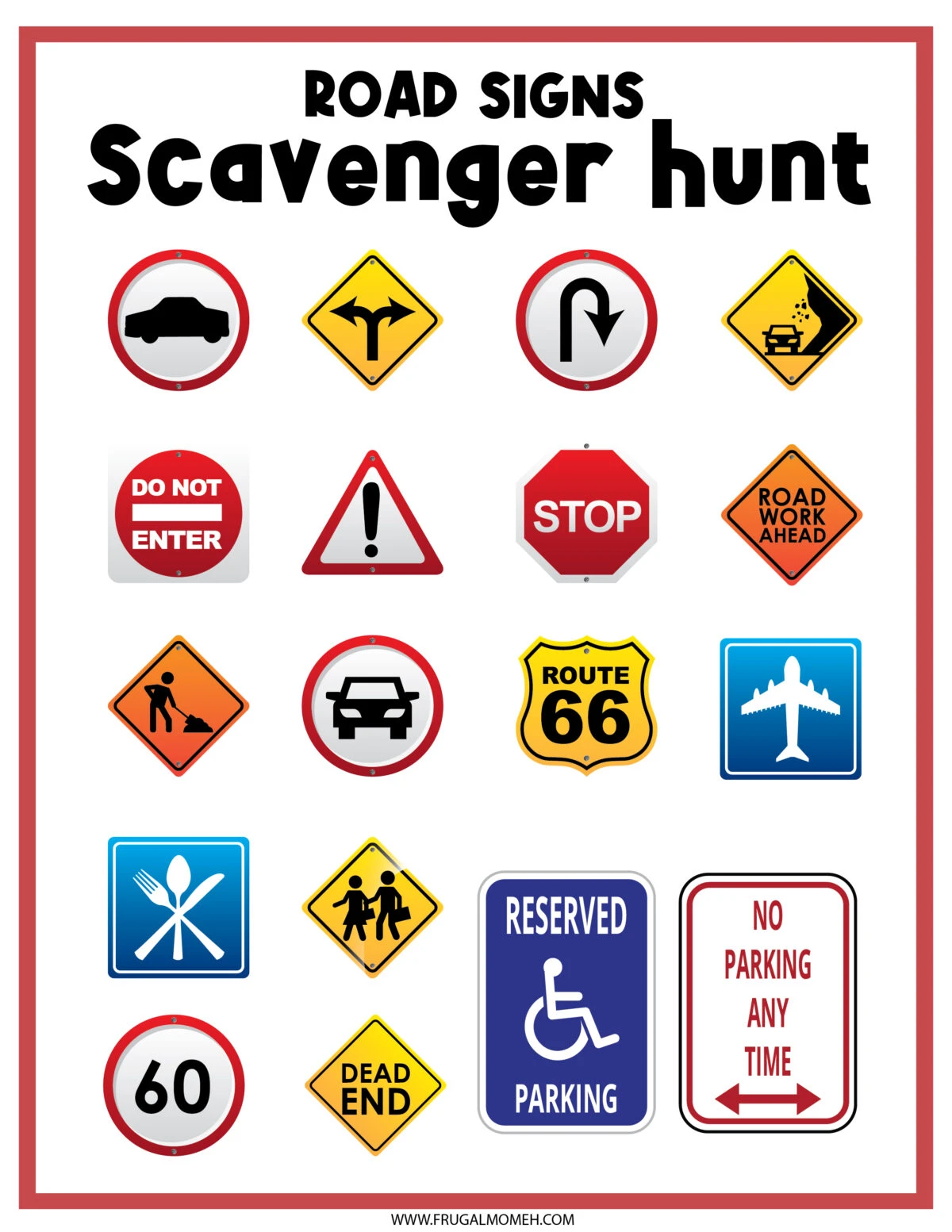 Road Sign Scavenger Hunt  Printable Sheet