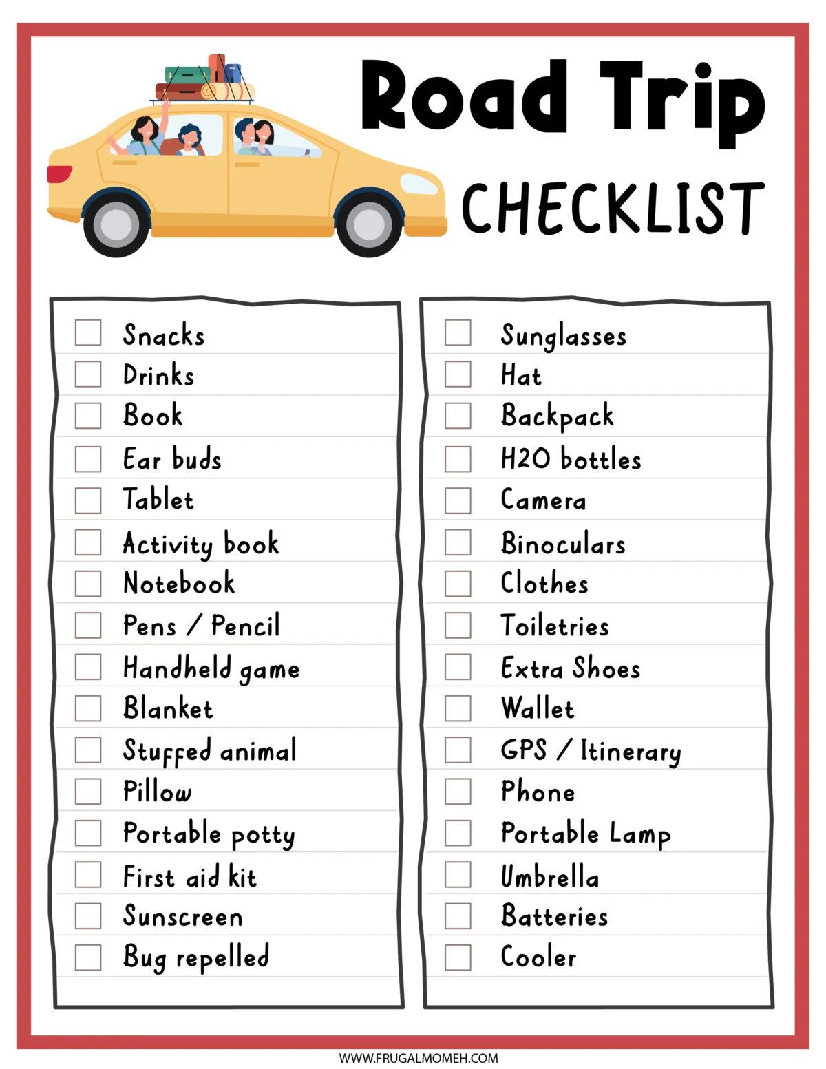 Road Trip Checklist  Printable Sheet