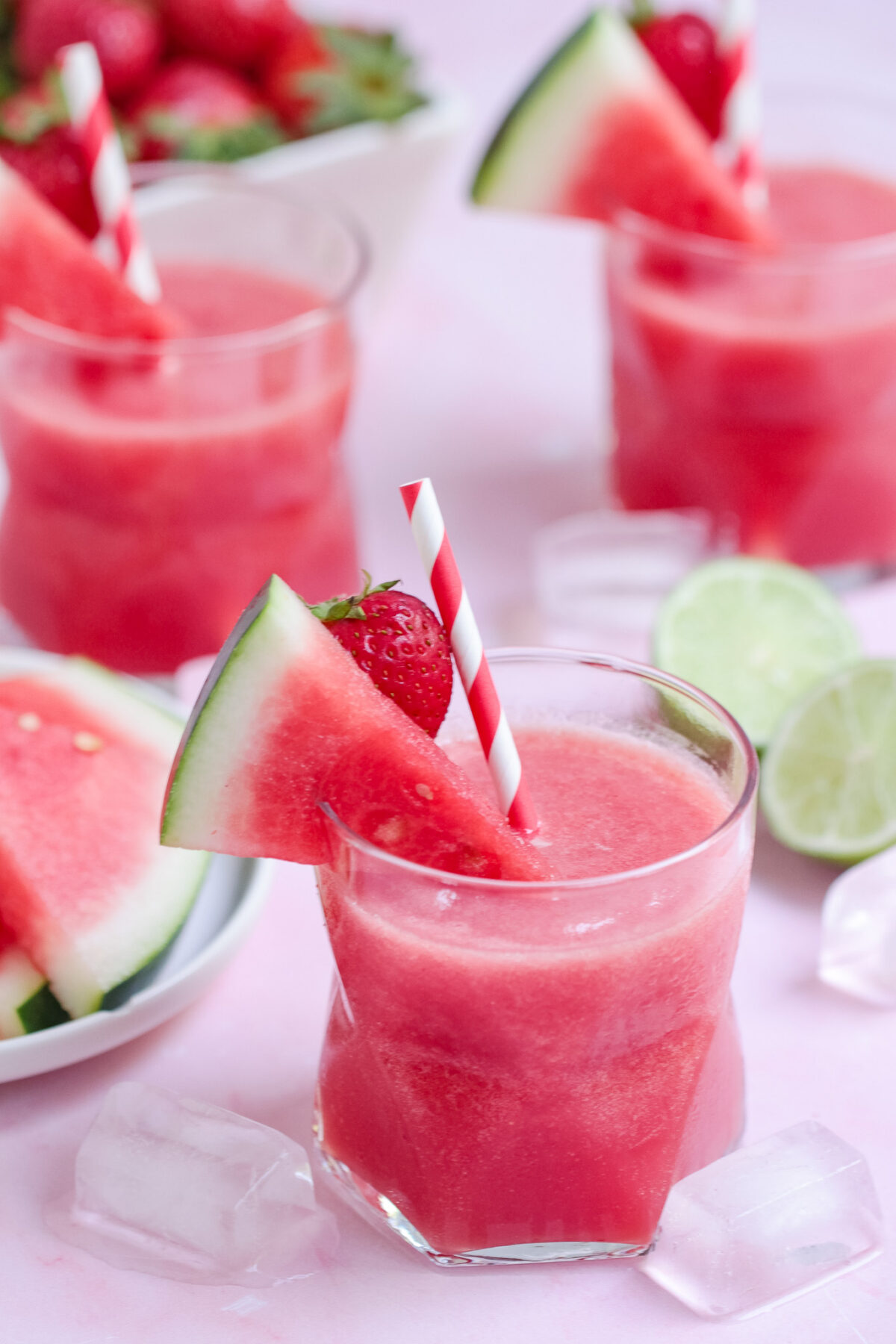 Fresh strawberry watermelon slushie made with real fruit, lime, ice, and optional sugar for a refreshing summer drink. Easy blended recipe perfect for hot days.