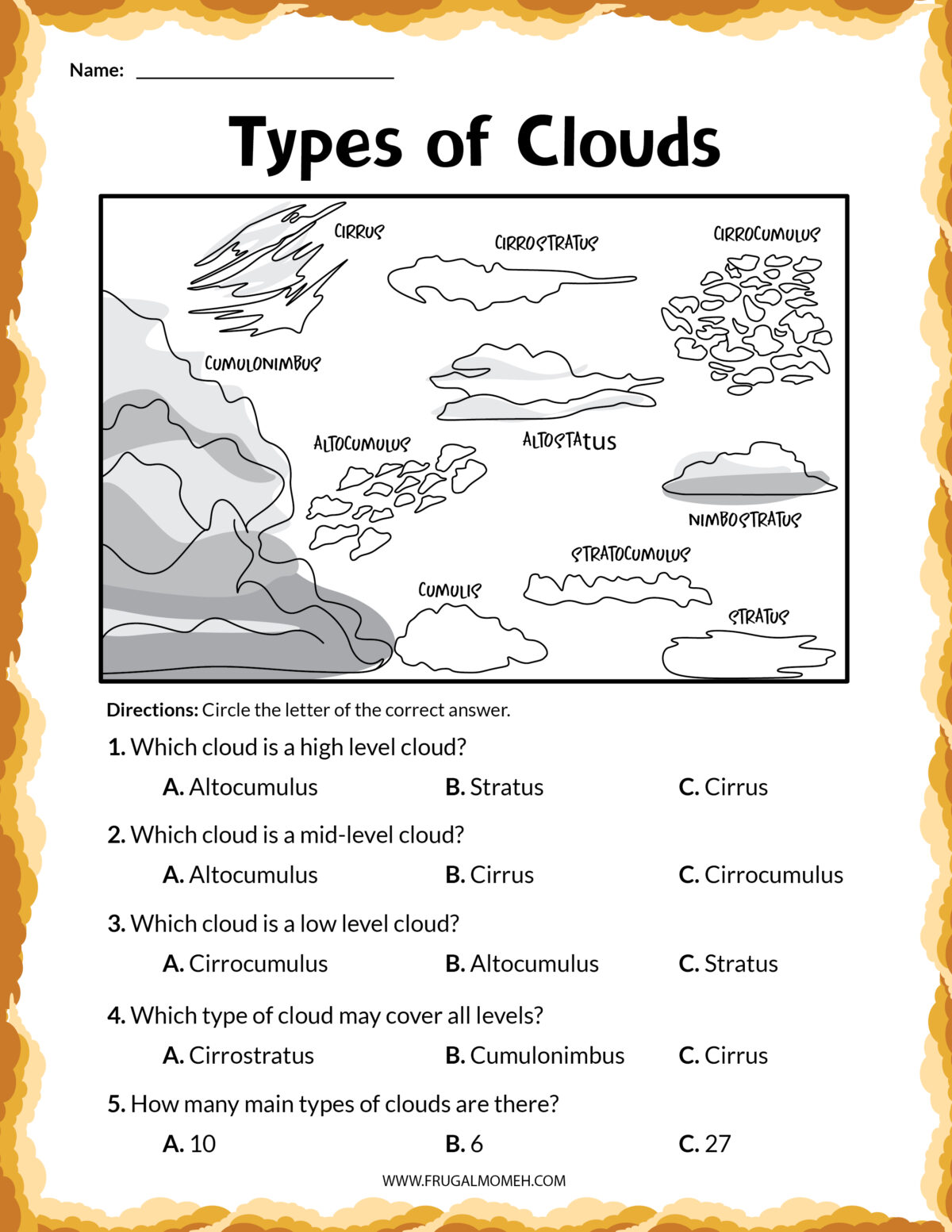 Types of clouds printable sheet..