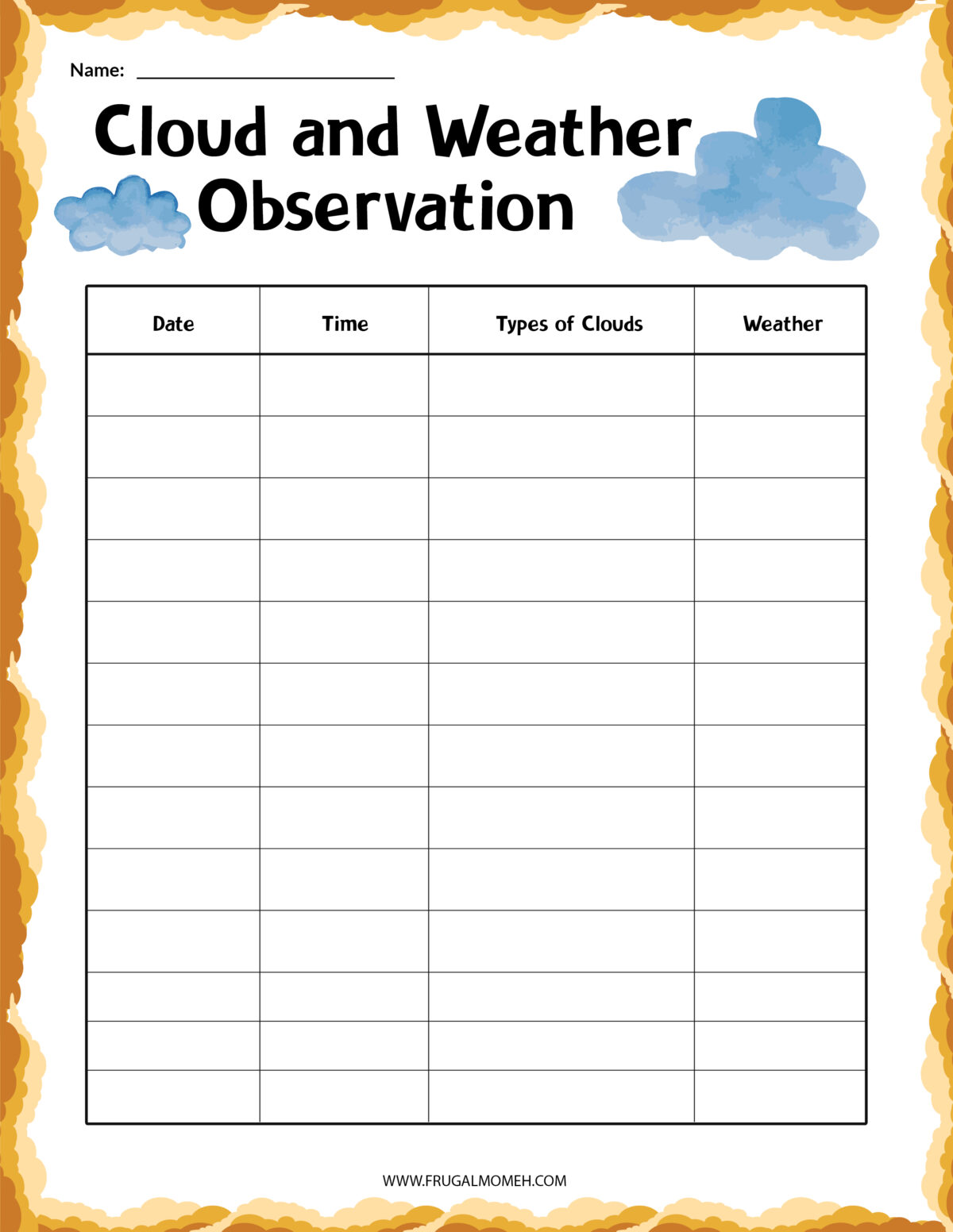 cl;oud and weather observation printable sheet.