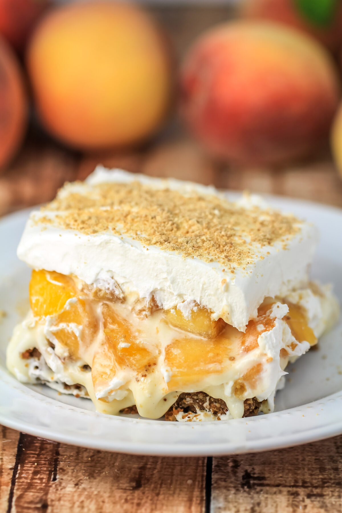 Luscious layers of pecan, cheesecake, fresh peaches and finished with a layer of whipped topping - Peach Delight with Pecan Crust is a delicious summer dessert recipe.