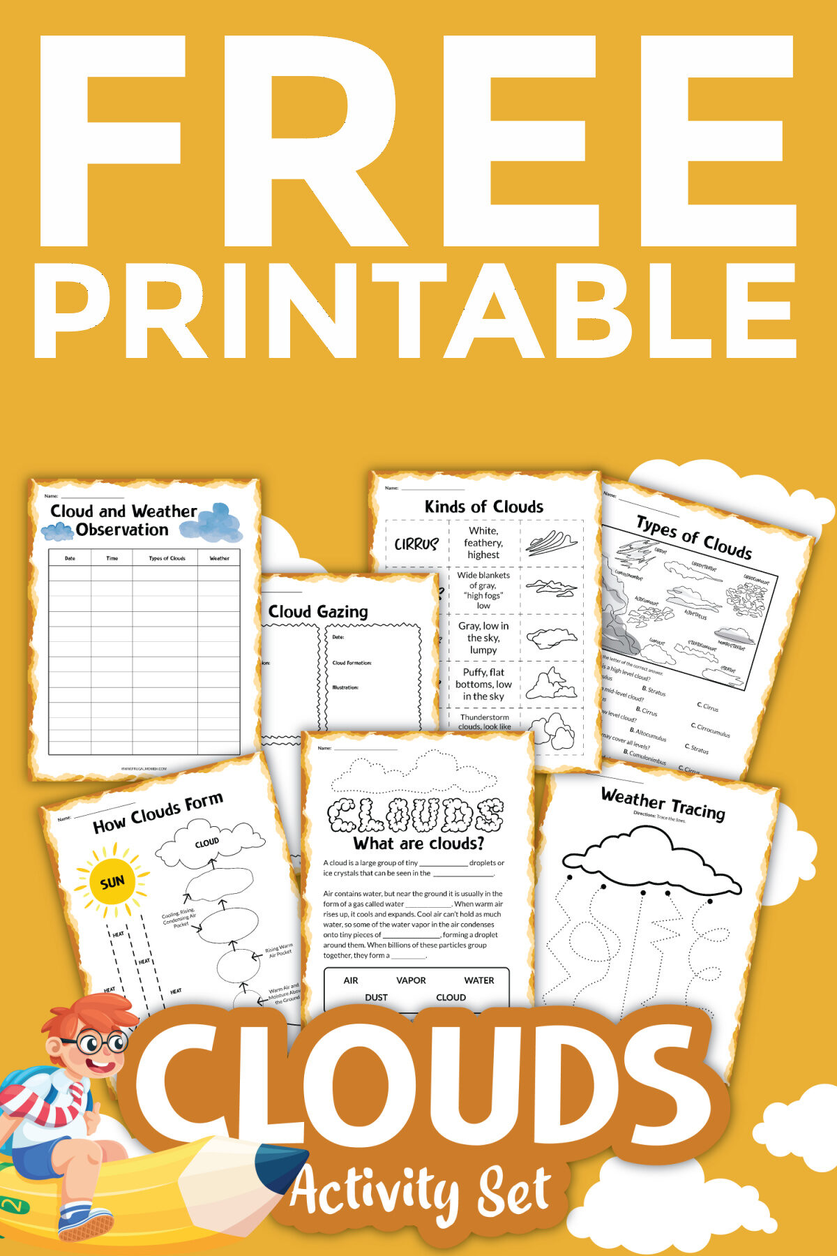 Download this Free Printable Clouds Activity Sheets Set for a fun and engaging learning experience for kids.