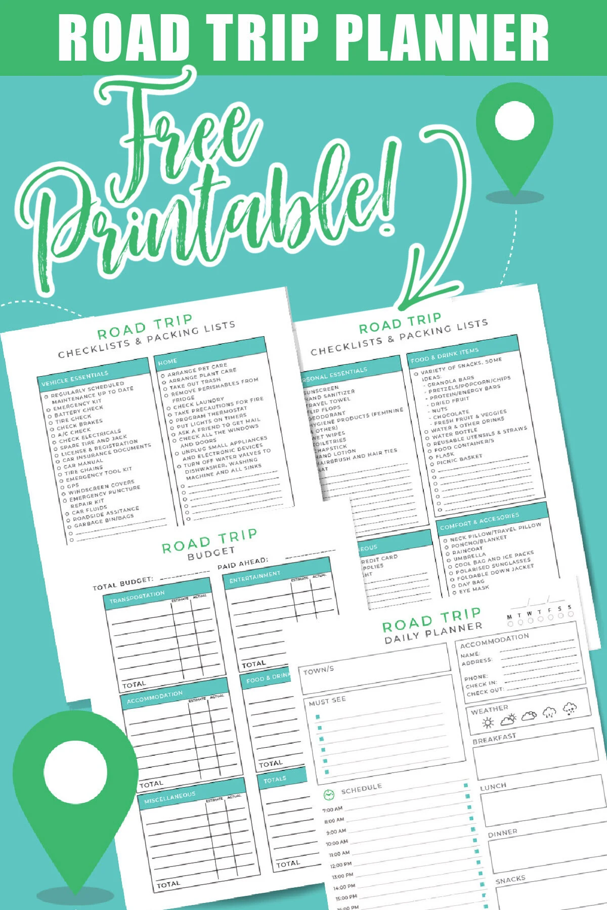 This free printable road trip planner will help you get organized. Keep track of your itinerary, packing lists, budget, and more.