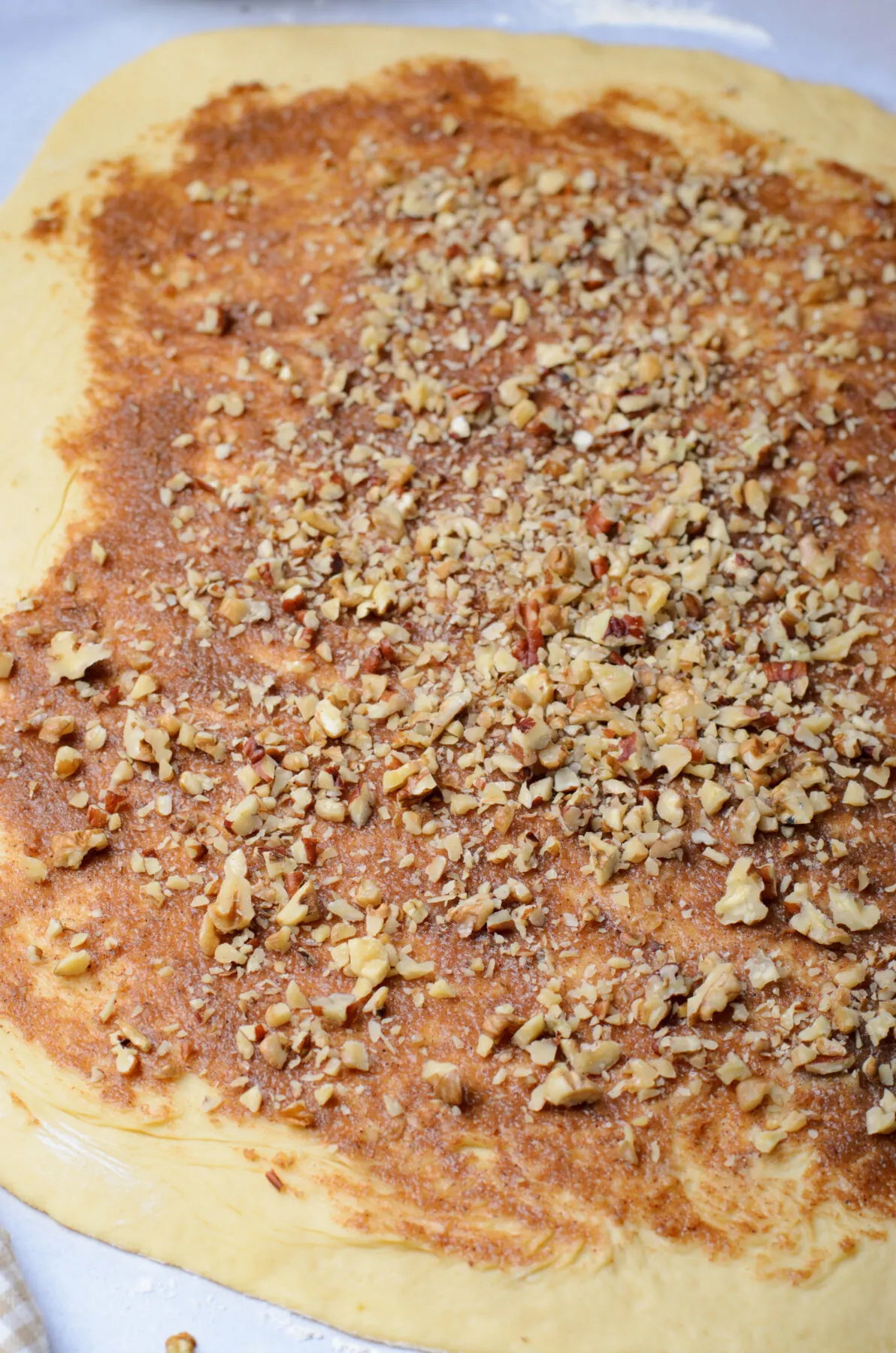 pecans sprinkled out over the dough.