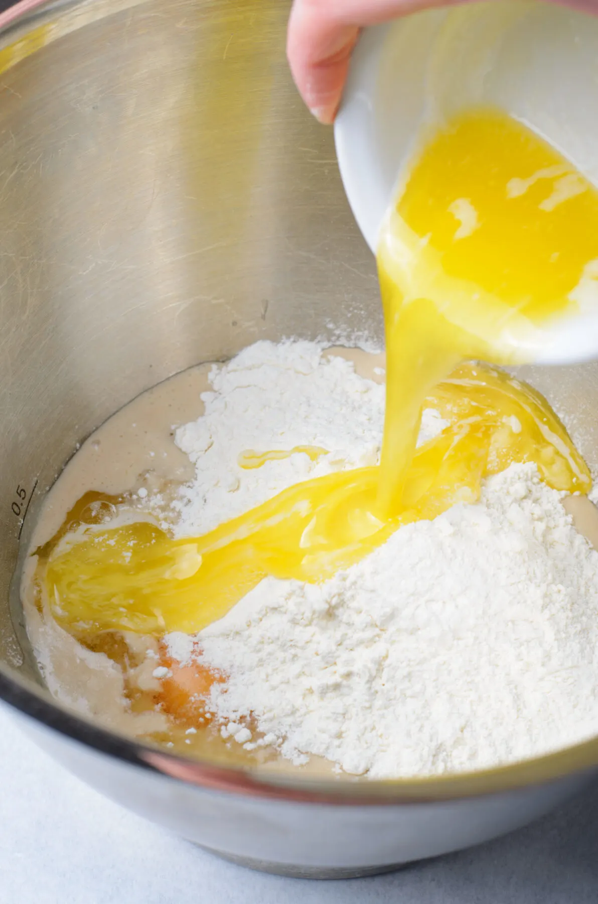 Flour and egg added to yeast mixture.