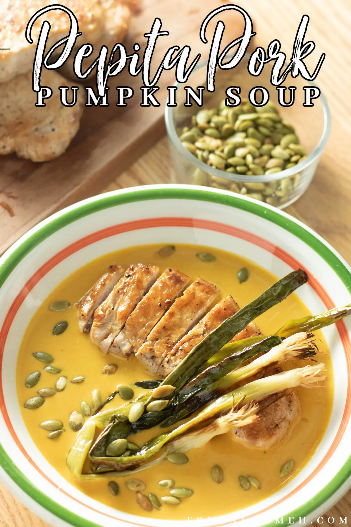 Keep the chill of winter at bay with this hearty Pepita Pork Pumpkin Soup. Creamy pumpkin soup with pan-seared pork loin chops.