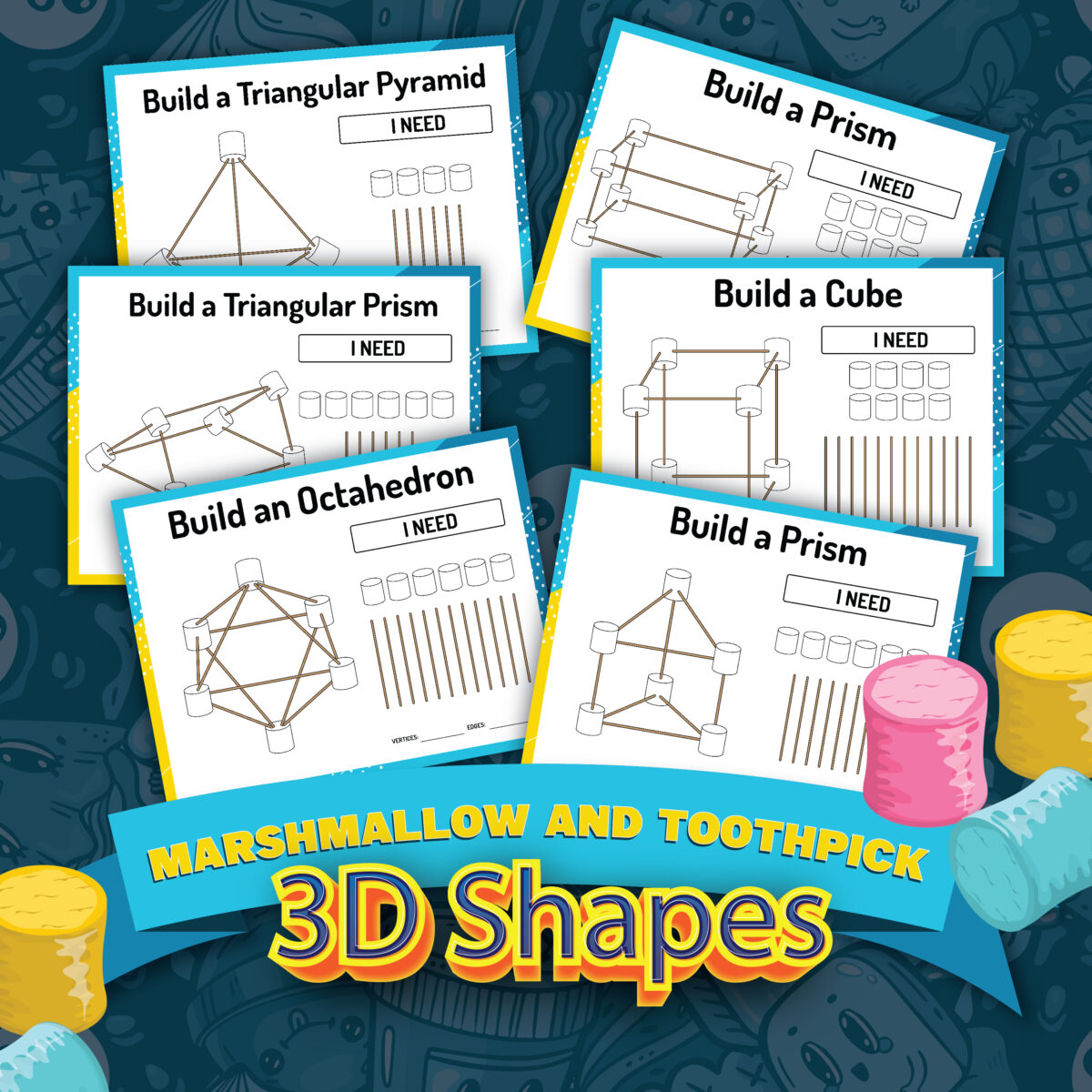 Download these free printable marshmallow and toothpick 3D shape worksheets as a fun educational activity that teaches kids geometry.