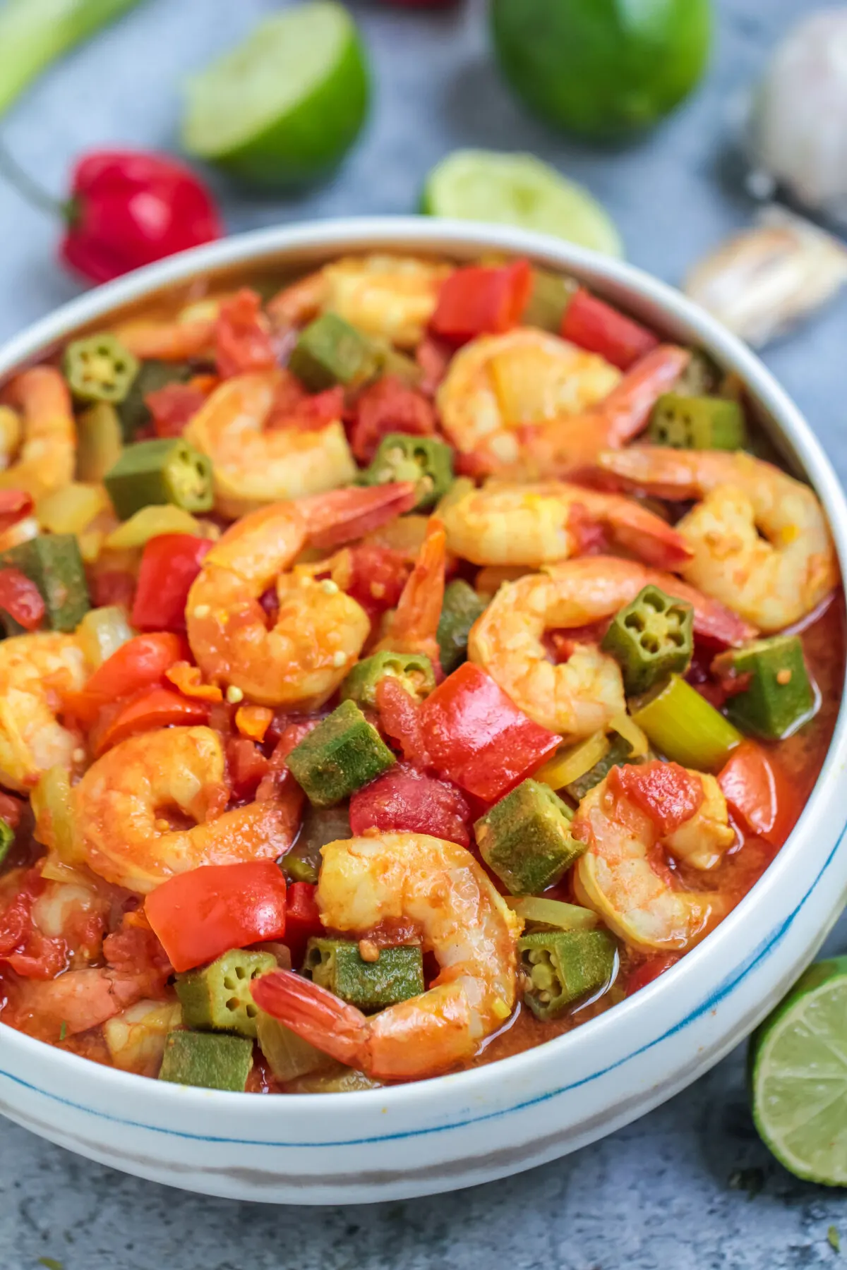 This Caribbean Okra and Shrimp recipe is a simple, spicy, and flavourful stew featuring plump shrimp, crisp okra and scotch bonnet peppers.