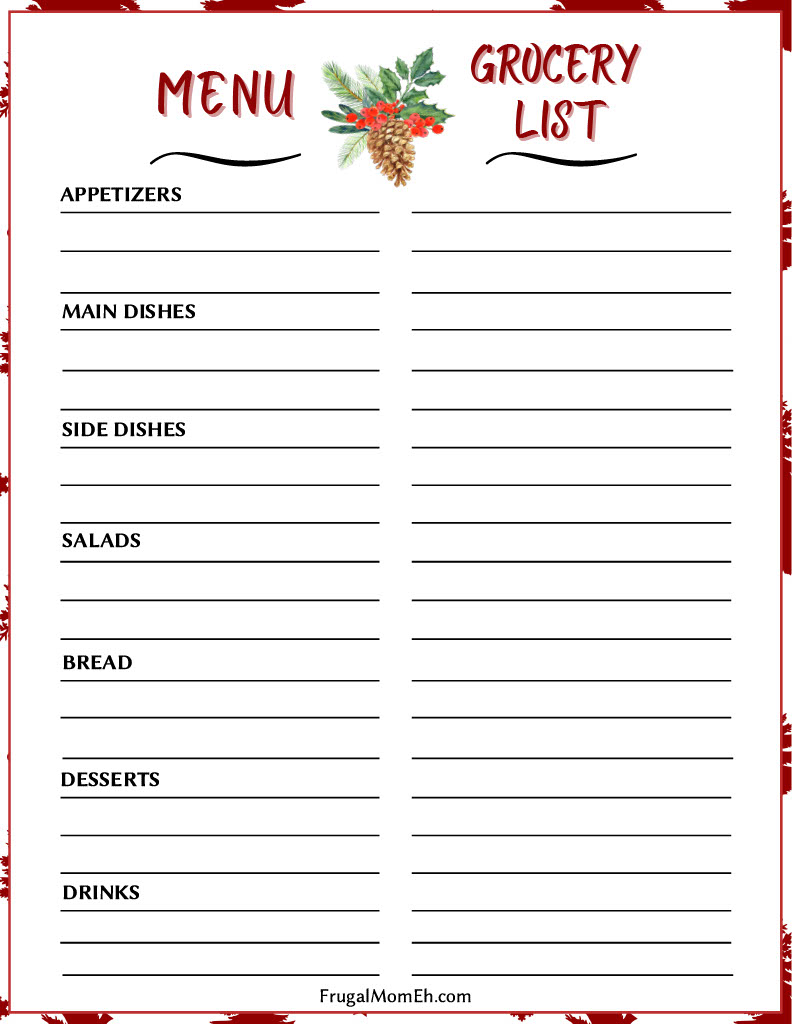 Christmas Meal Planner Menu and Grocery List Page.