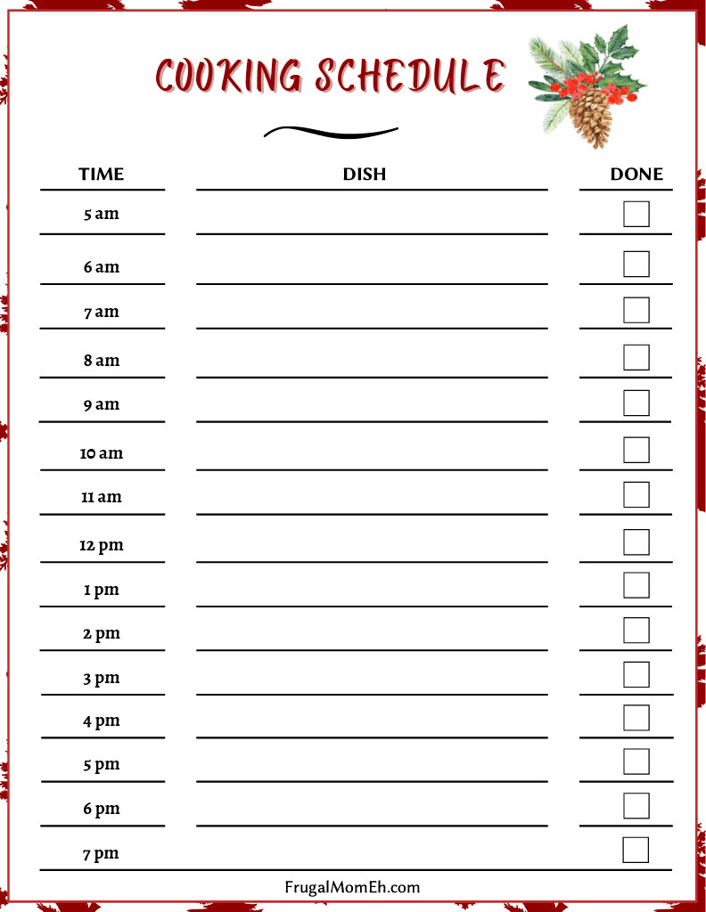 Christmas Meal Planner Cooking Schedule Page.