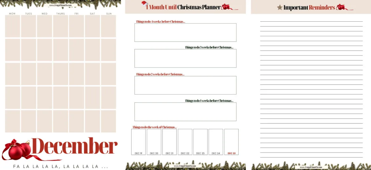 December calendar sheet, 1 month until chrristmas planner, Important reminders.
