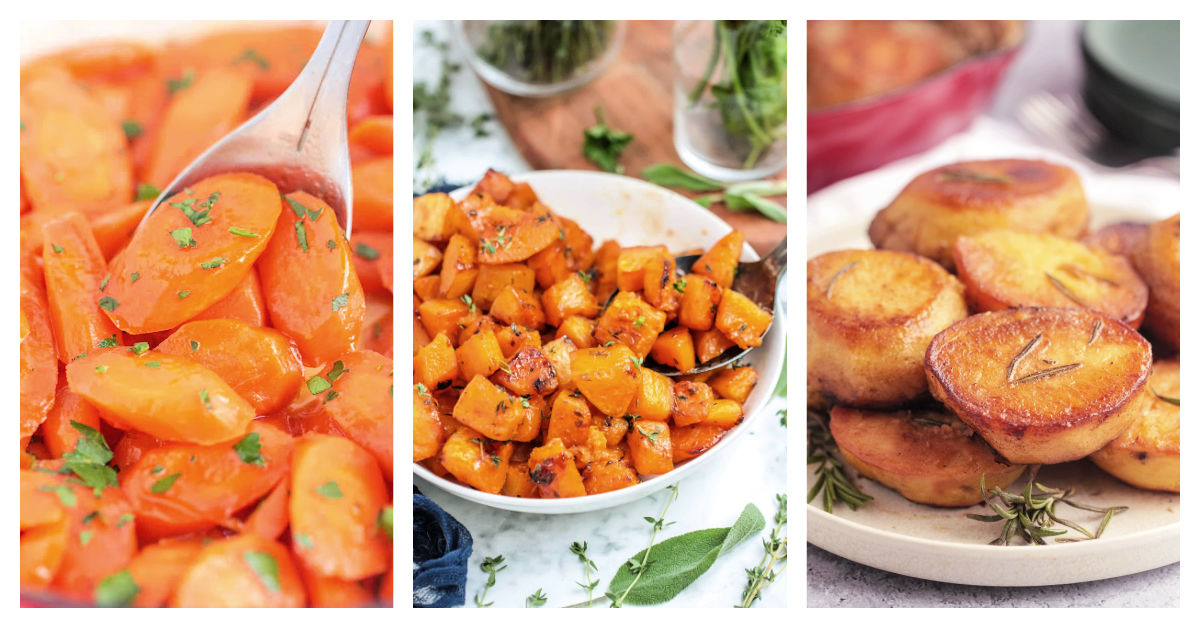 Featured side dish recipes including glazed carrots, roasted butternut squash, and melting potatoes.