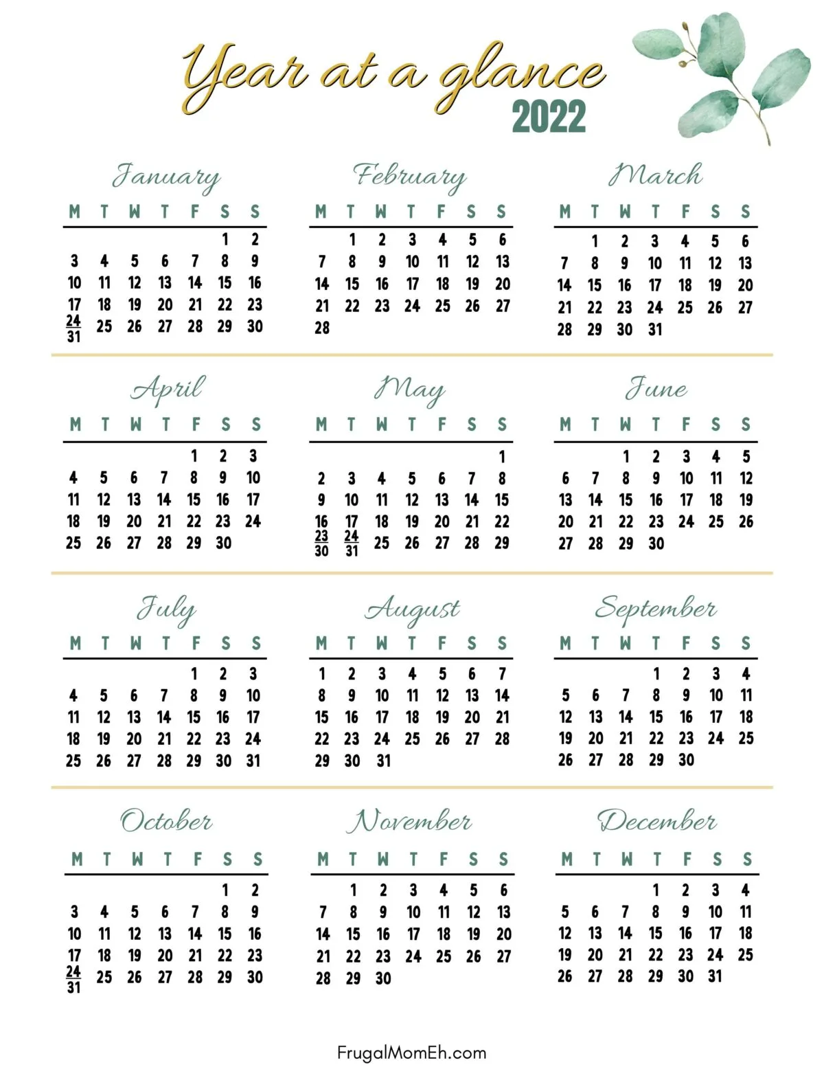 Year at a Glance (2022) Calendar