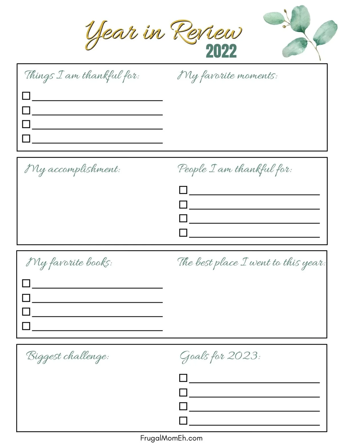 2022 Year in Review Printable Sheet