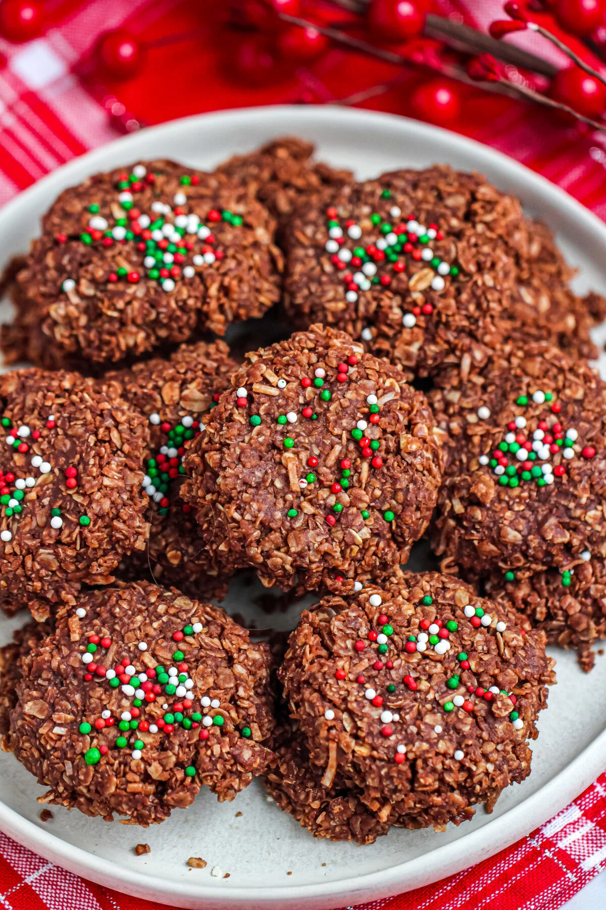 A recipe for no bake chocolate haystack cookies that is super simple to make and a great treat for Christmas or winter parties.