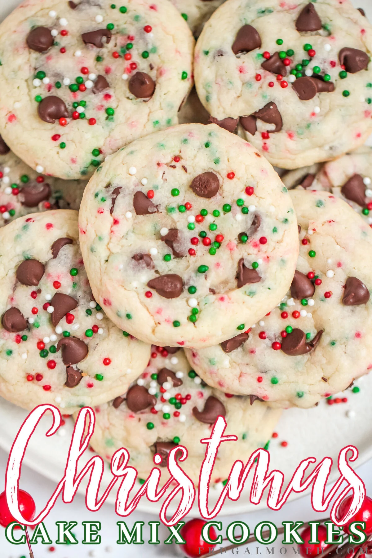 You'll love this easy recipe for Christmas Chocolate Chip Cake Mix Cookies! Only a few ingredients are needed to make soft festive cookies.