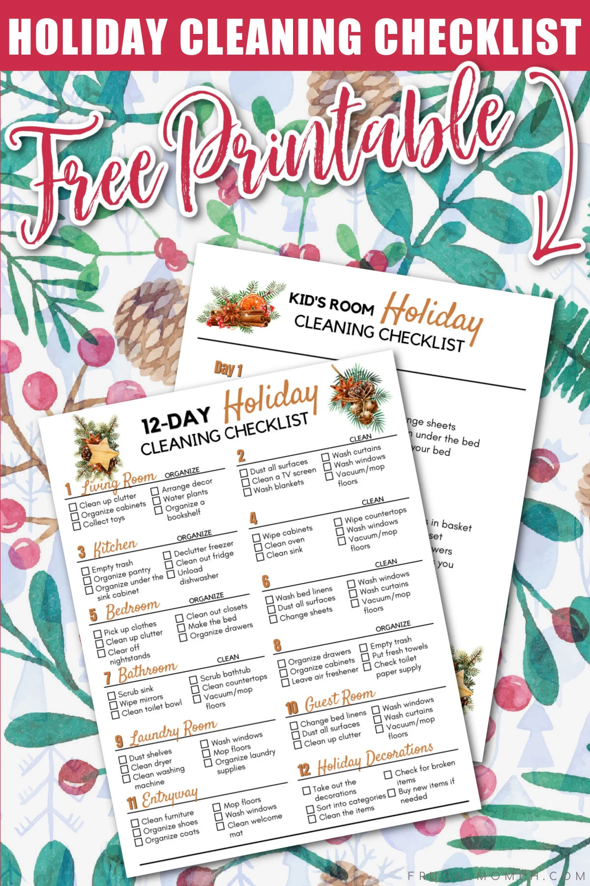 Download this free printable holiday cleaning checklist to help you get your house ready for the holidays, spread out over 12 days of tasks.