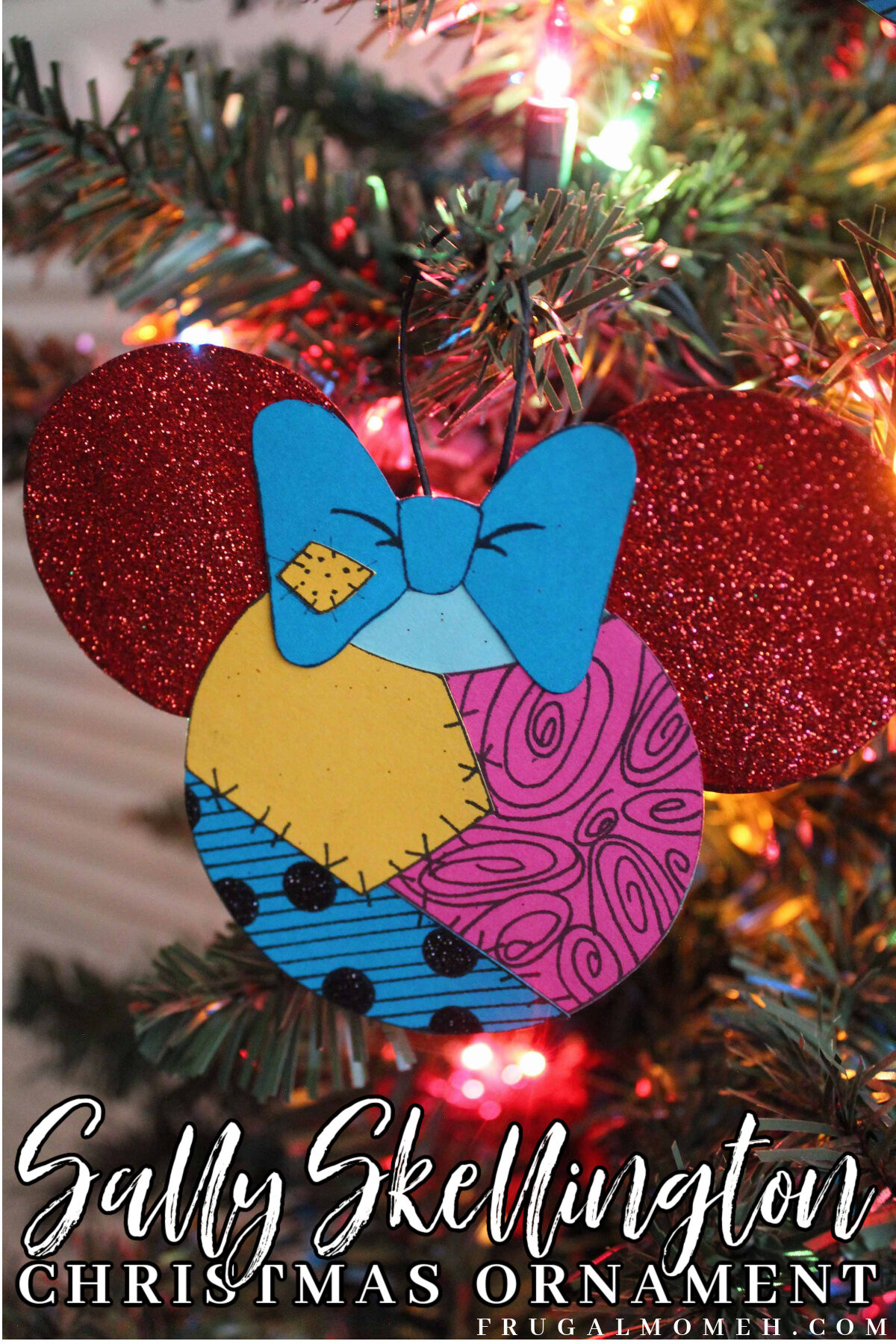 See how to make a Nightmare before Christmas Sally Skellington Dress Mickey Ears ornament with card stock. Free printable template included!