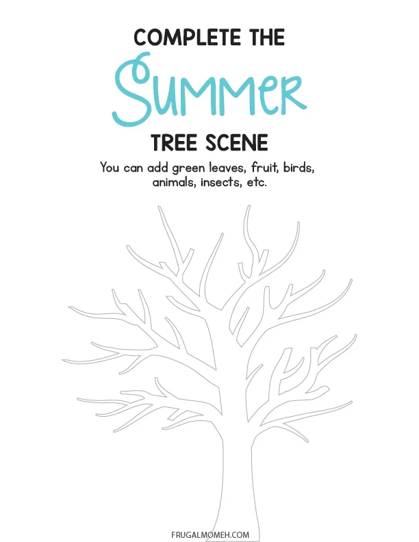 Complete the Summer Tree Scene printable sheet with the outline of a tree drawn on it.