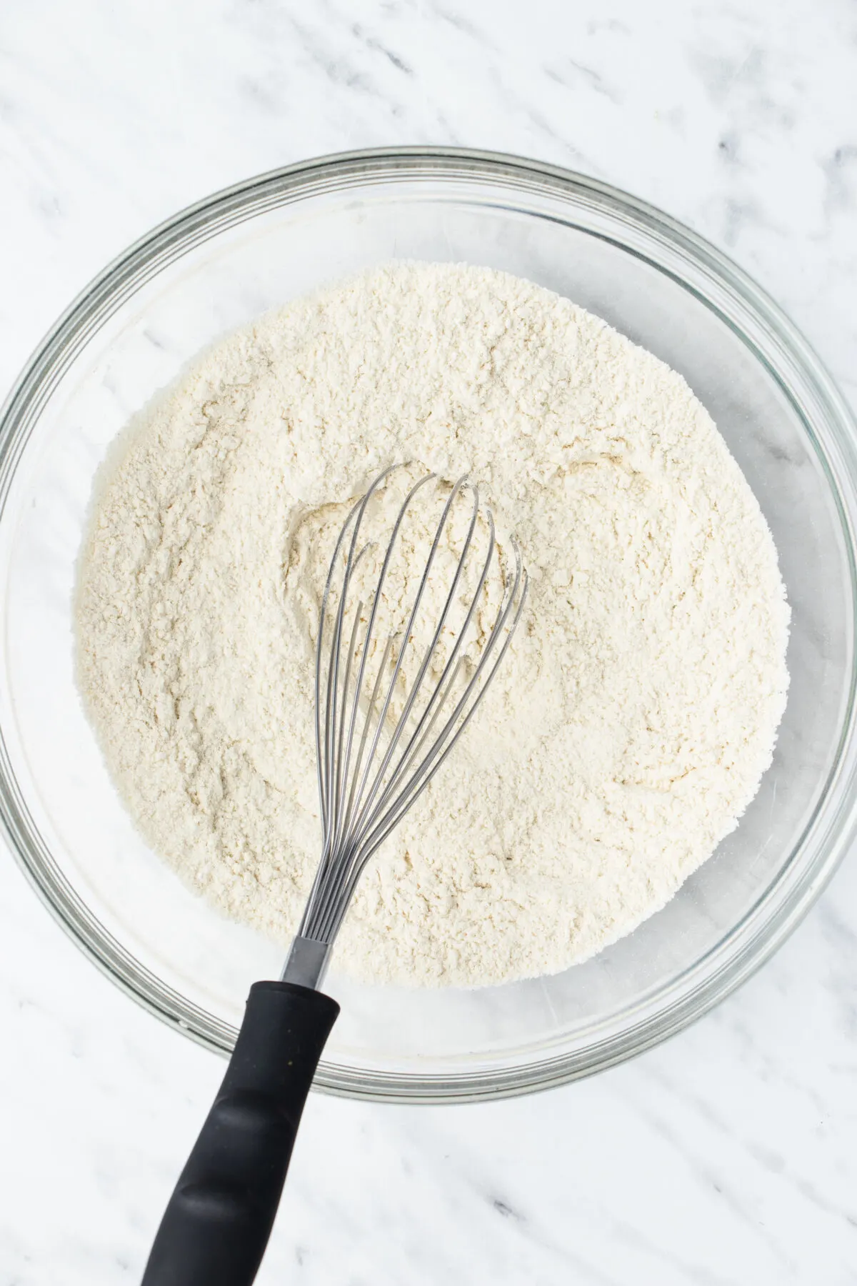 Mixing together all the dry ingredients in a large bowl with a whisk.