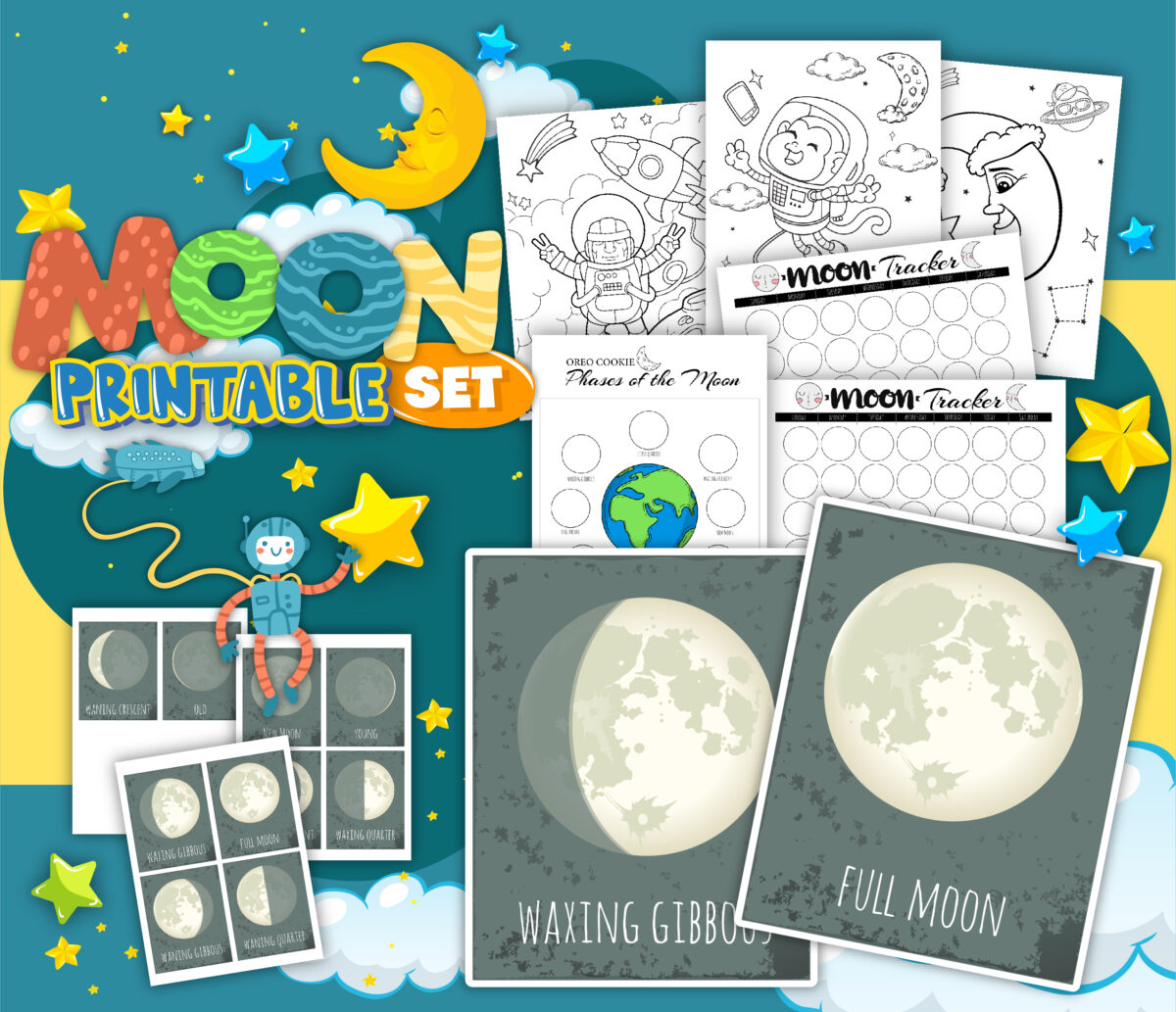 These free printable phases of the moon worksheets include moon phases cards, oreo phases of the moon, colouring pages and more!