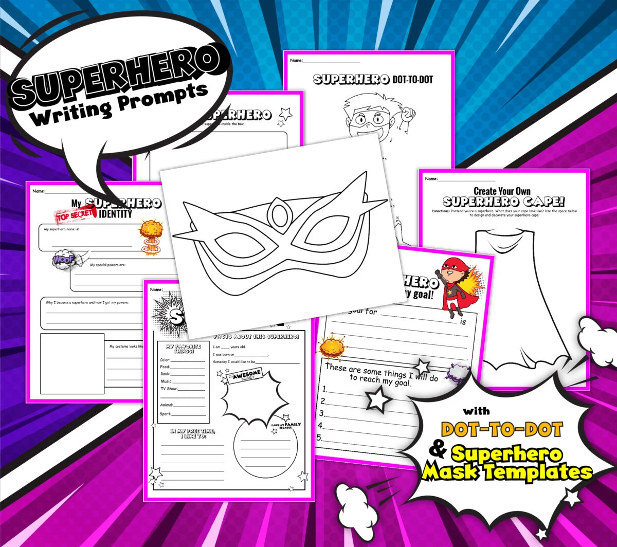 Make learning fun and engaging with our free printable superhero worksheets, they include writing prompts, dot-to-dot, and mask templates.