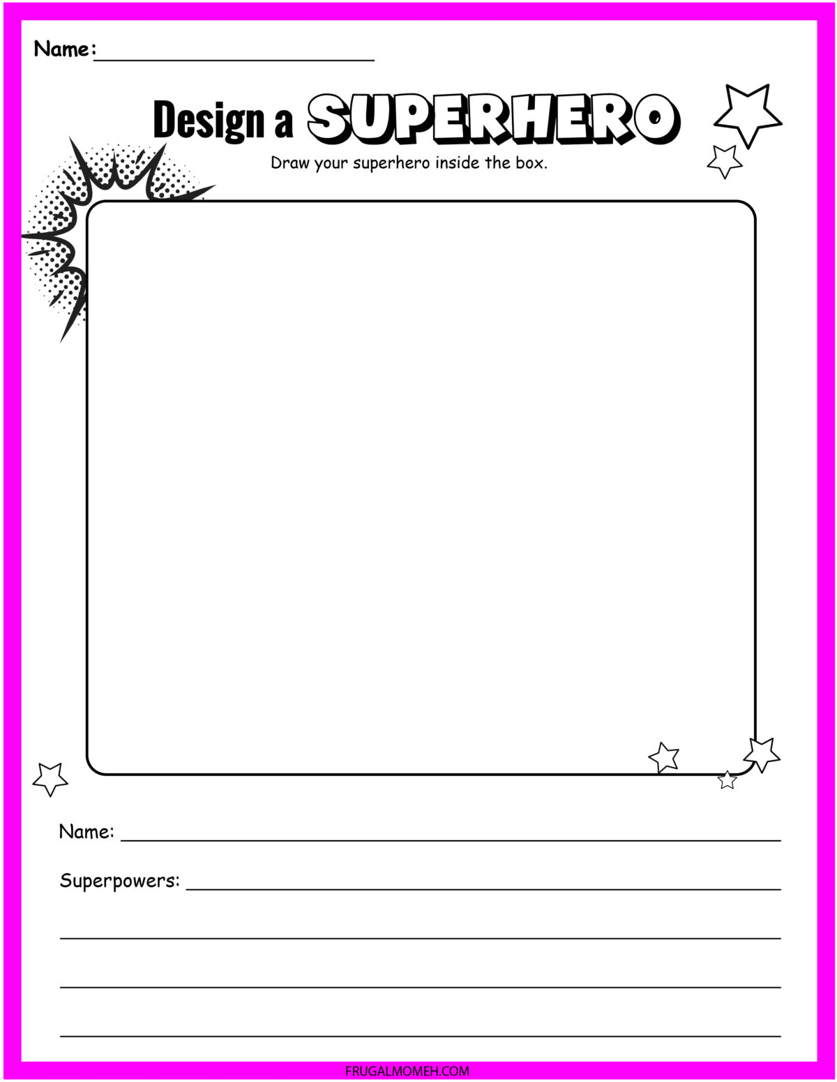 The design your own superhero worksheet has space for kids to draw their superhero, come up with a superhero name, and brainstorm their own special superpowers!