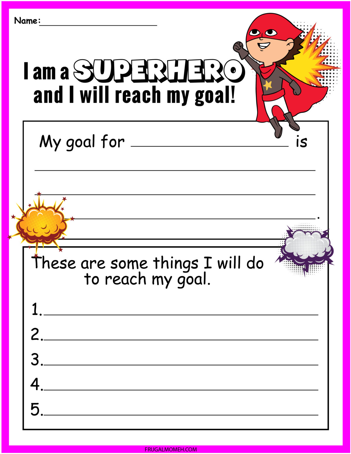 Ggoal setting sheet for kids with a fun superhero theme.