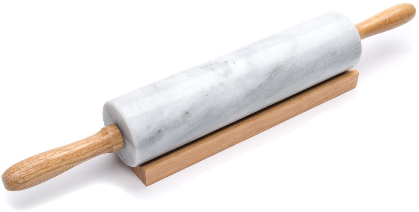 White Marble Rolling Pin with Wooden Cradle