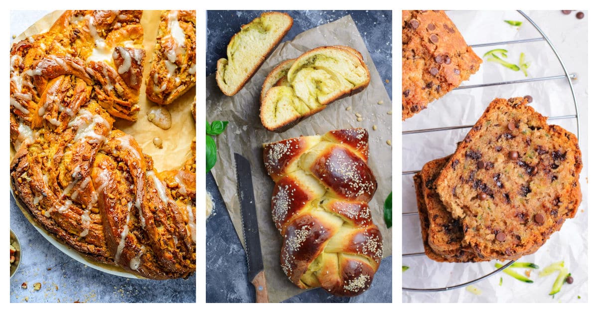 Featured bread recipes including maple pecan wreath bread, chocolate chip zucchini bread, and parmesan pesto challah bread.