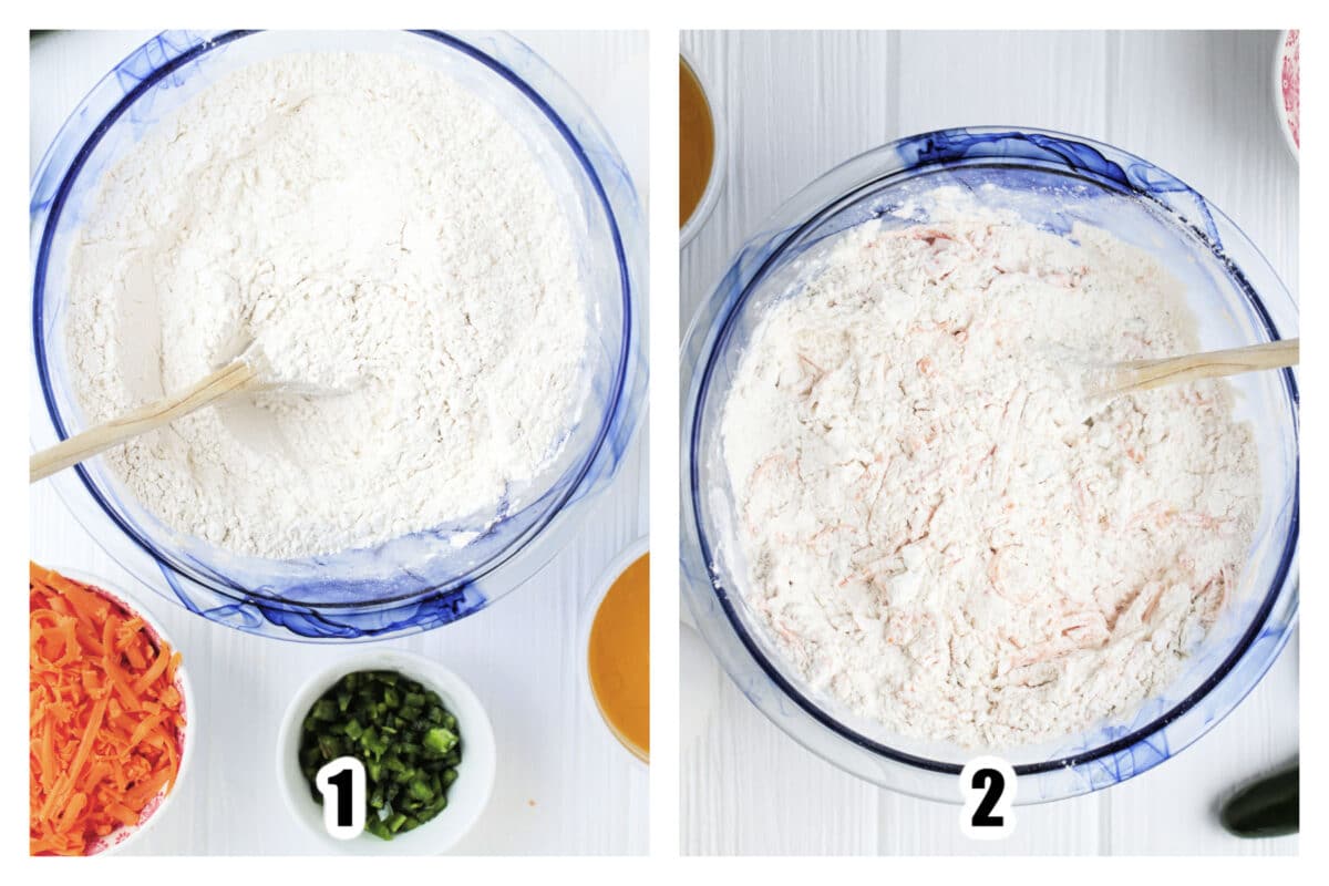 Image 1 - Flour and baking powder combined together in a large glass bowl. Image 2 - Sugar, salt, cheese, jalapenos added to the dry ingredients and mixed in.
